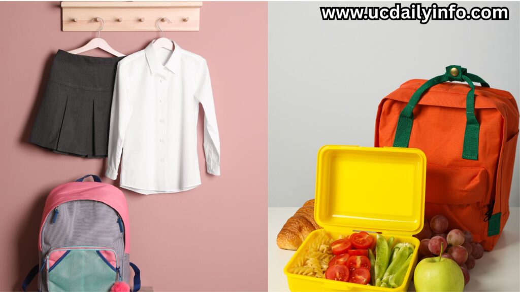 Flat-lay photo of laid-out clothes, backpack, and lunch box