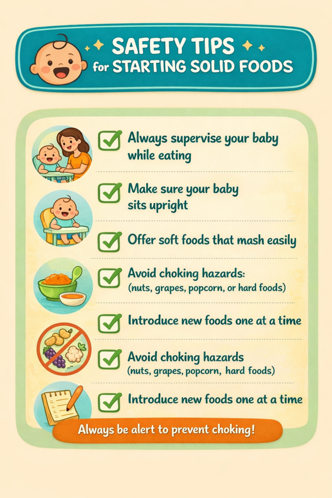 Visual idea: Safety checklist with icons (upright sitting, no hard foods, adult supervision),