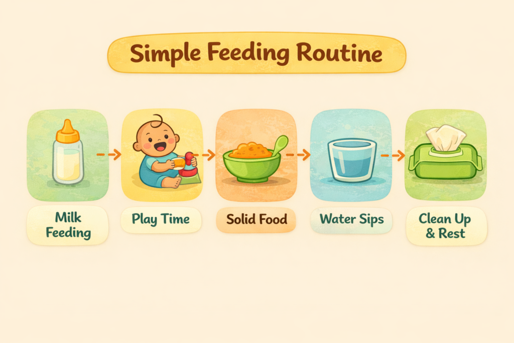 Visual idea: A soft-colored daily feeding routine chart showing icons in order — milk bottle, baby playing, bowl & spoon, small water cup, wipes/nap arranged in a simple timeline flow,