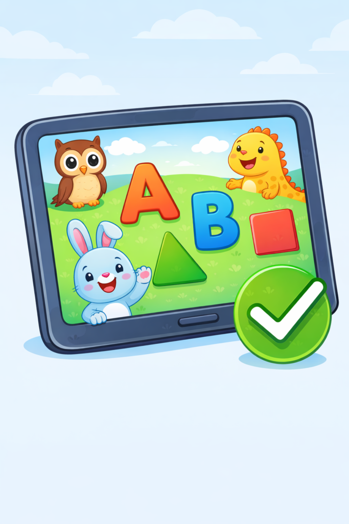 Visual idea: A tablet screen showing letters, shapes, and friendly cartoon characters with a green check mark.