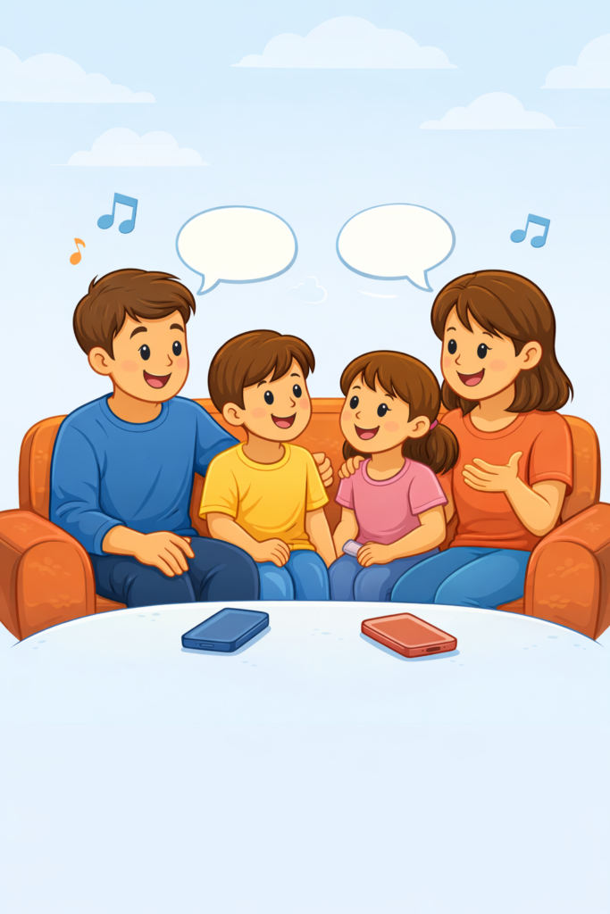 Visual idea: A family sitting together, phones placed aside, smiling and talking.