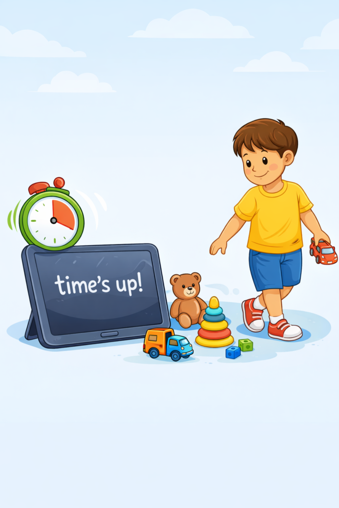 Visual idea: A timer icon next to a tablet, with a child calmly moving to play with toys.