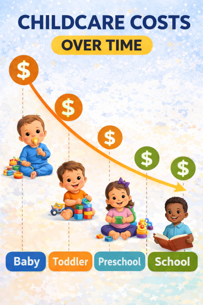 A timeline showing baby to school age, with childcare costs gradually decreasing.