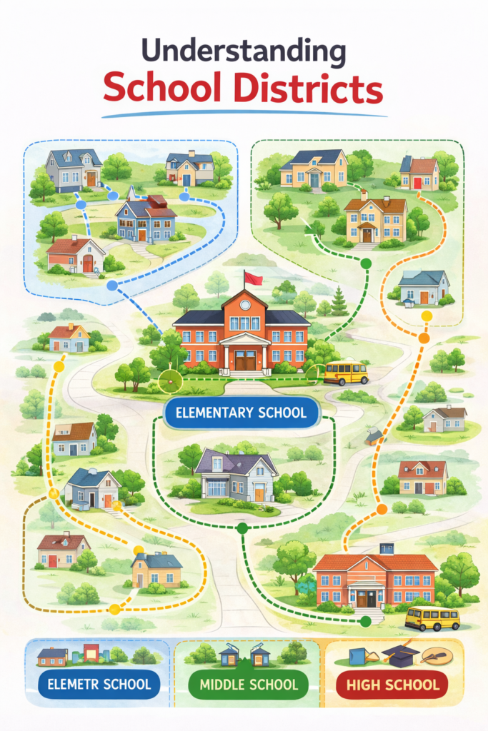 Visual idea: A neighborhood map showing houses linked to assigned schools.