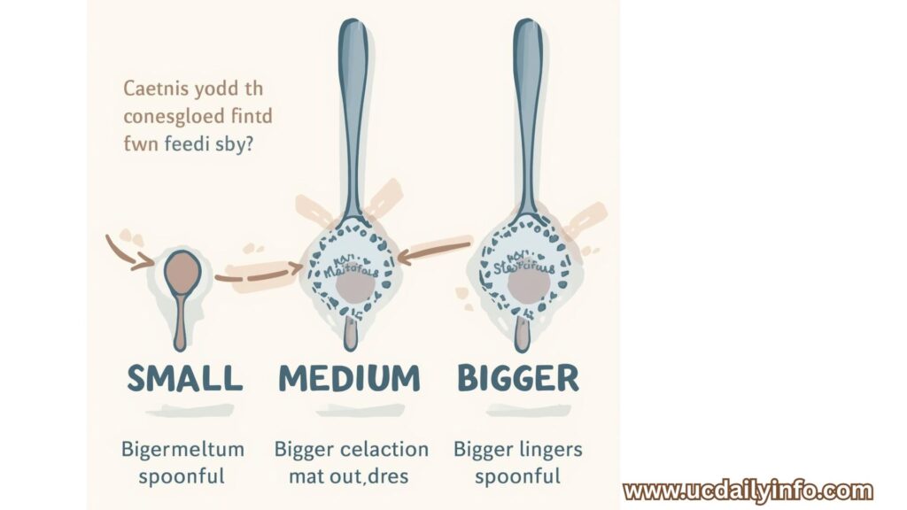 A simple feeding chart showing “small → medium → bigger spoonfuls,”