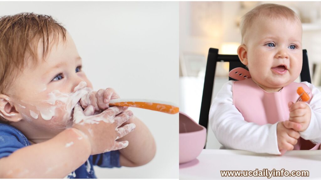 Split image showing spoon-feeding on one side and baby-led weaning on the other,