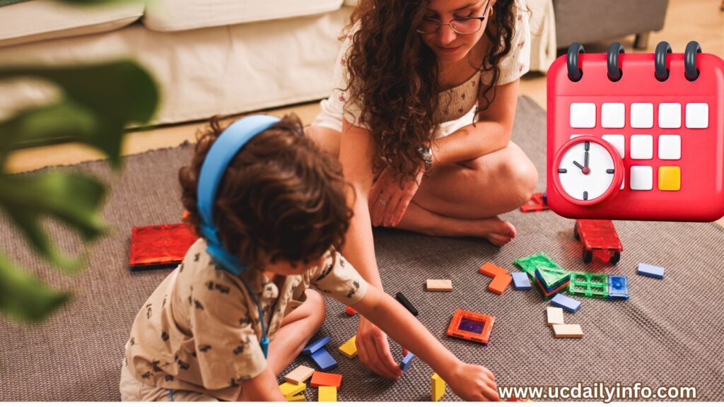 A soft illustration showing a happy child playing with blocks on one side, and a tablet with a clock symbol on the other side, showing balance.