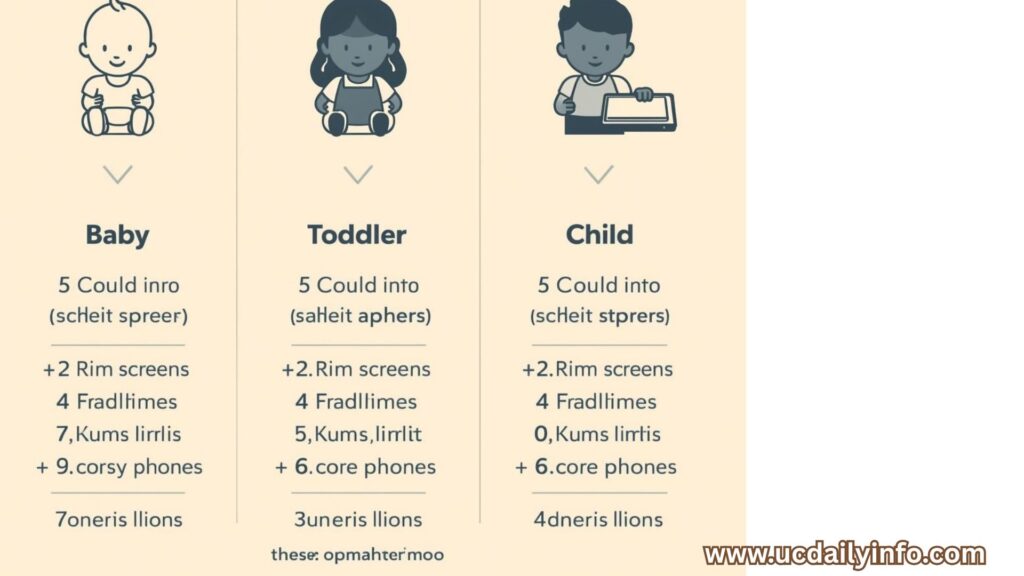 A simple age-based chart, icons of baby, toddler, and child, each with a small screen and time limit.