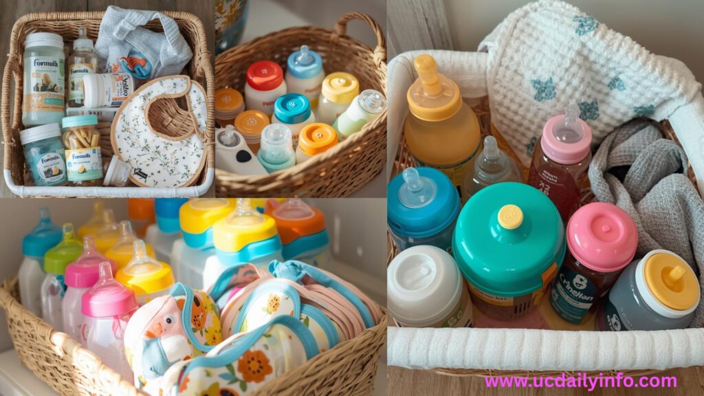 A neat feeding station photo showing bottles, formula containers, and bibs arranged in a basket.