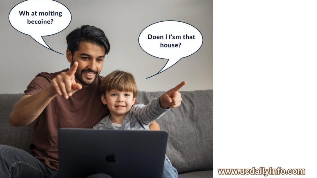 Visual idea: A parent and child sitting together, pointing at a screen, speech bubbles showing simple questions.