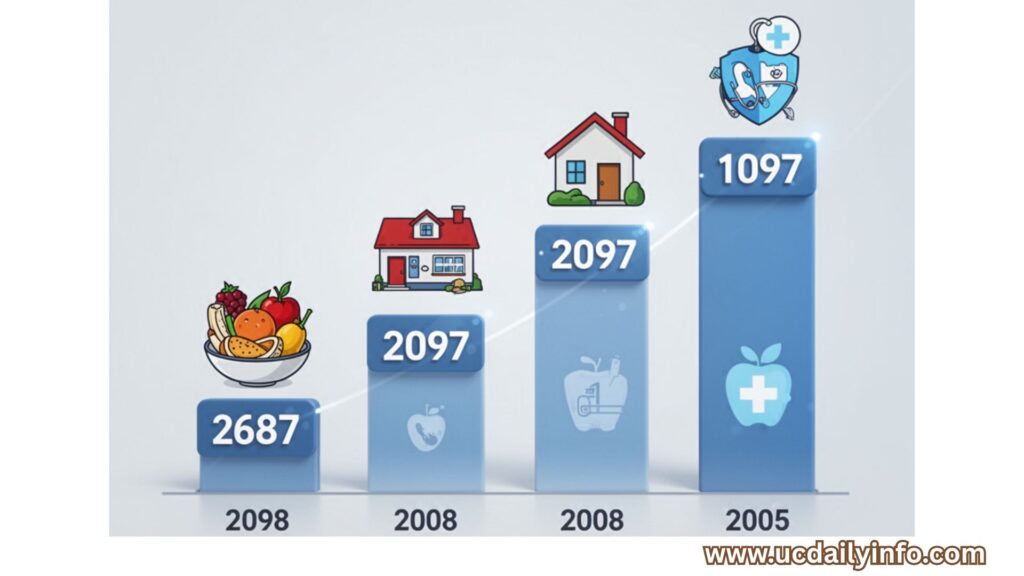 Animated counter increasing slowly year by year while icons appear for food, school, housing, and healthcare.