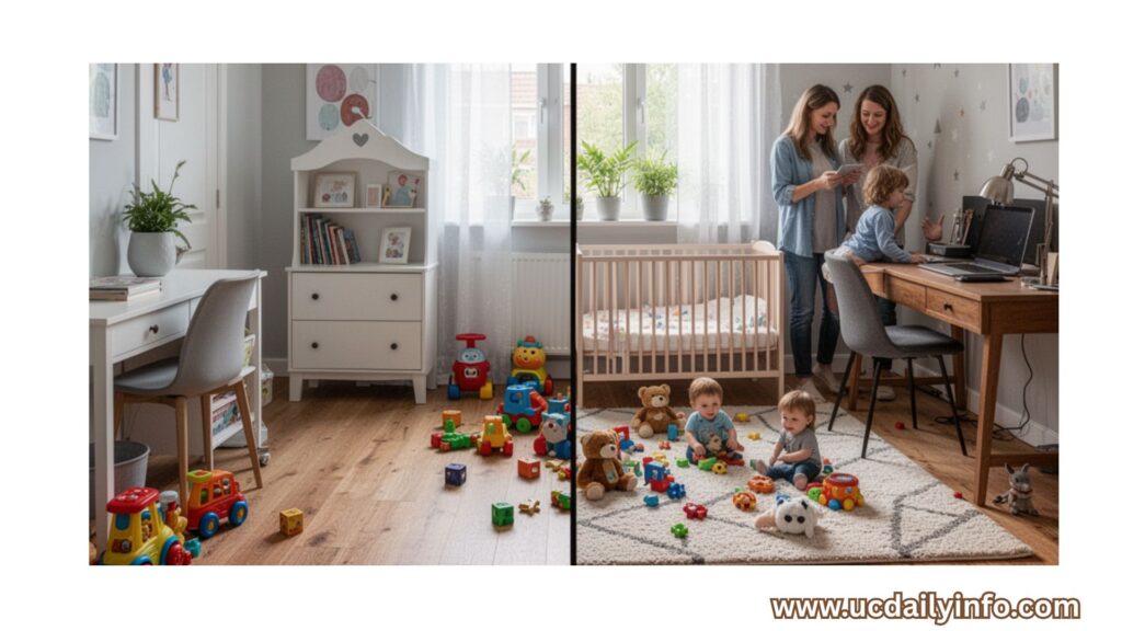 Split screen showing a small apartment transforming into a larger family home with toys, baby crib, and study desk appearing