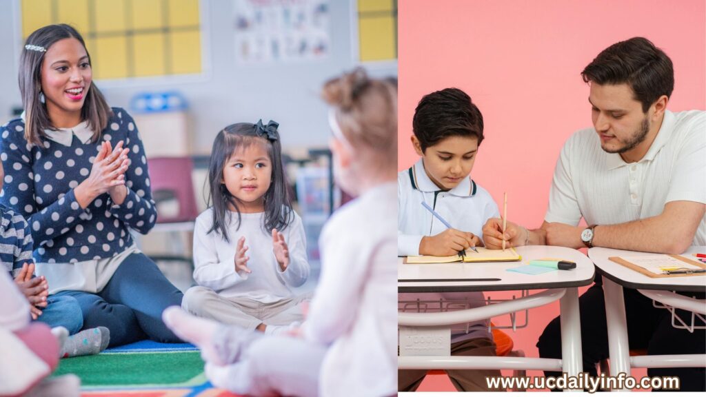 Morning routine scene: parents dropping a child at daycare, transitioning to classroom scenes and homework time at home.