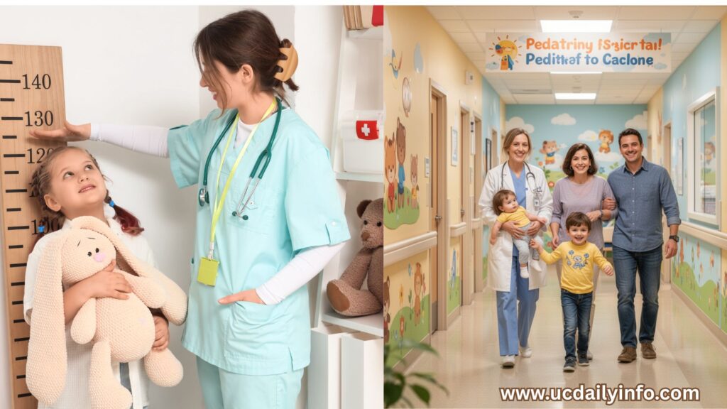 then a smiling family leaving the hospital.