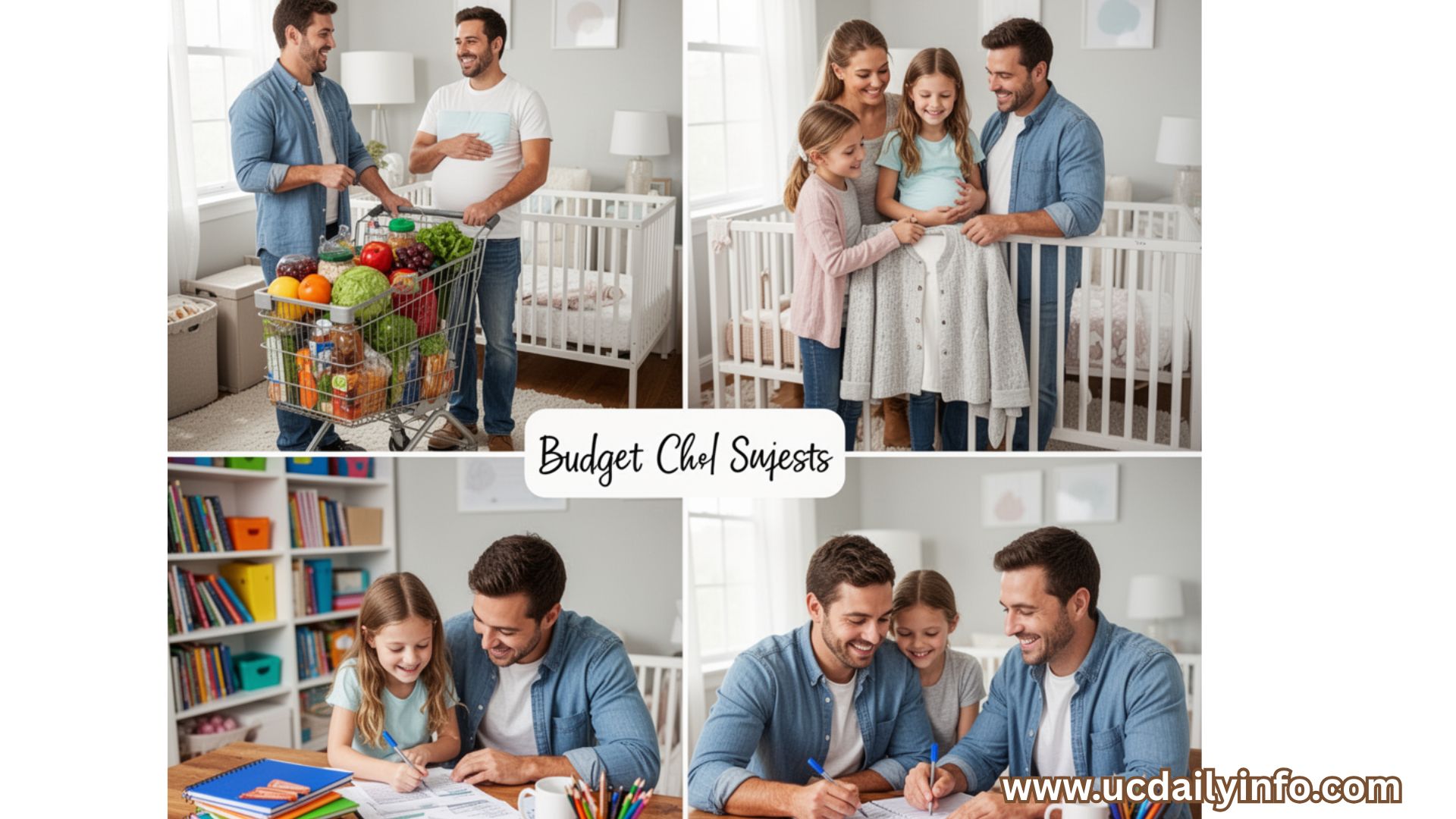 Opening scene showing a happy family preparing a nursery, followed by quick transitions of grocery shopping, school supplies, and family budgeting at a table.