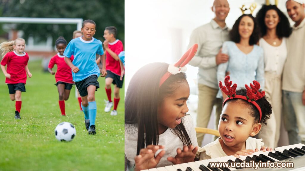 Montage of kids playing soccer, practicing piano, and painting, ending with a proud parent watching.