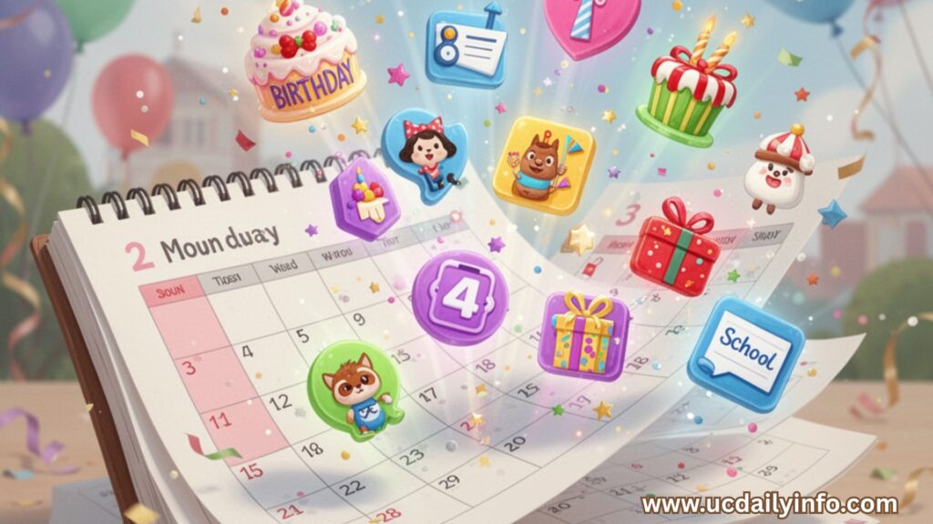 Calendar pages flipping with icons for birthdays, holidays, and school events popping up Cost of Raising a Child in the USA Explained Simply