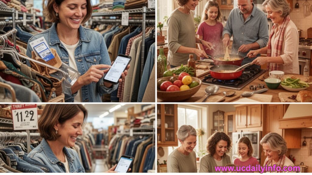 Parent comparing prices on a phone, thrift store shopping, and family cooking together at home. Cost of Raising a Child in the USA Explained Simply