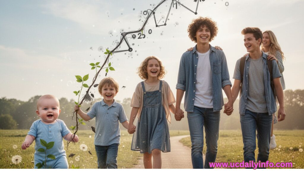 Closing scene showing a child growing from baby to teenager through quick transitions, ending with a happy family walking together. Cost of Raising a Child in the USA Explained Simply