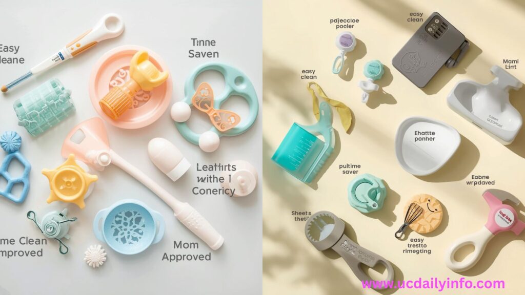 A flat-lay image of baby feeding tools with labels like “easy clean,” “time saver,” and “mom approved.”