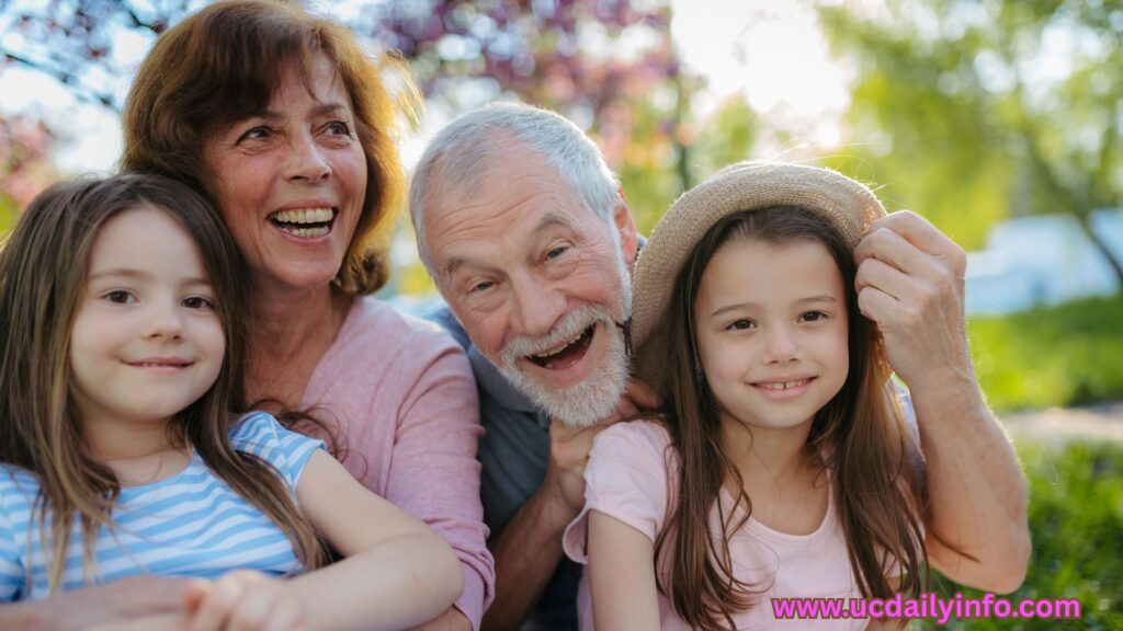 A warm illustration of grandparents spending time with young children.
