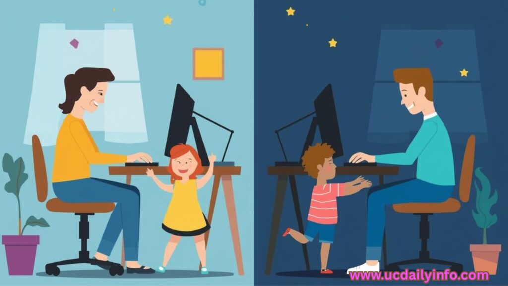 A split-screen image showing parents working different schedules while caring for a child.