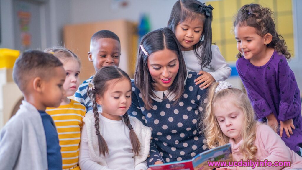 A simple daycare room with happy children and caring adults