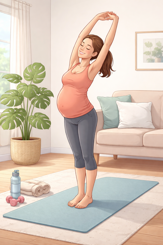A calm illustration of a pregnant woman stretching her arms overhead near a yoga mat. Safe Exercises for Pregnant Women at Home