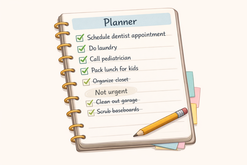 Visual idea: A planner page with tasks being checked off and some tasks crossed out as “Not urgent.”