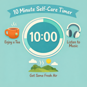 Visual idea: A simple 10-minute self-care timer graphic with icons for tea, headphones, and fresh air.