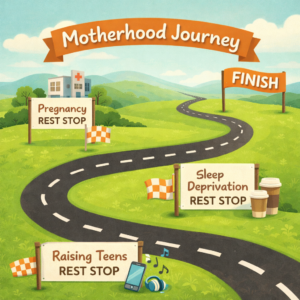 Visual idea: A marathon road graphic labeled “Motherhood Journey,” with rest stops marked along the path.