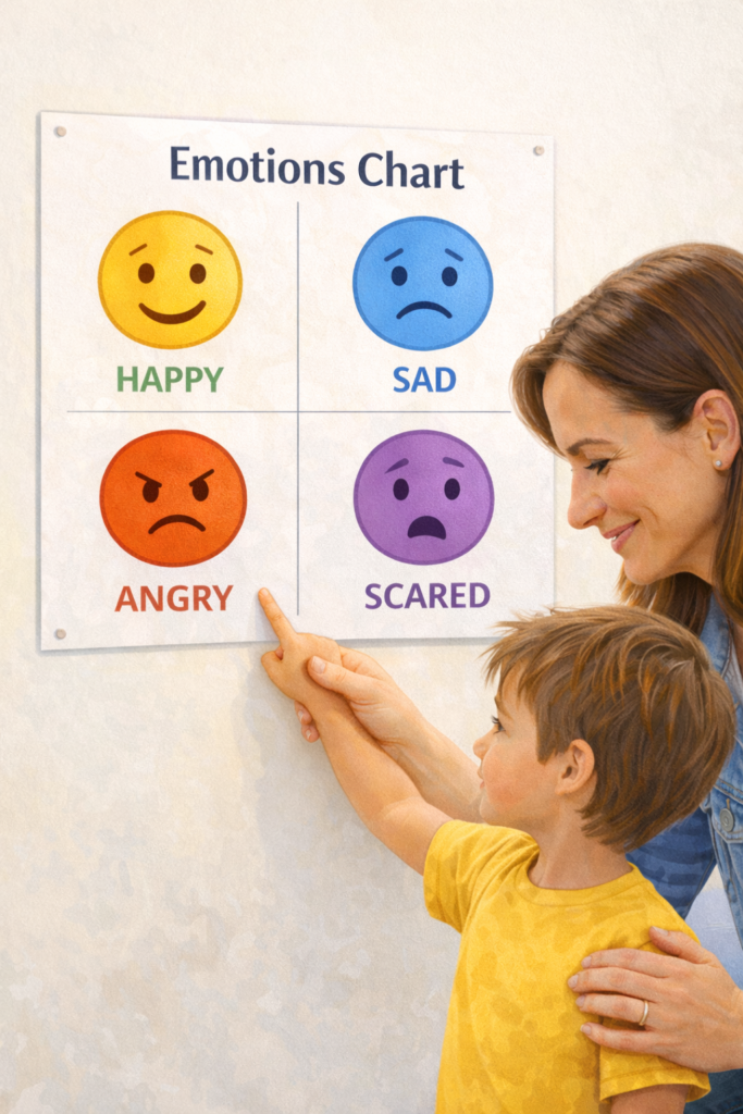 Visual idea: A simple emotions chart showing happy, sad, angry, and scared faces, with a parent helping a child point to the feeling.