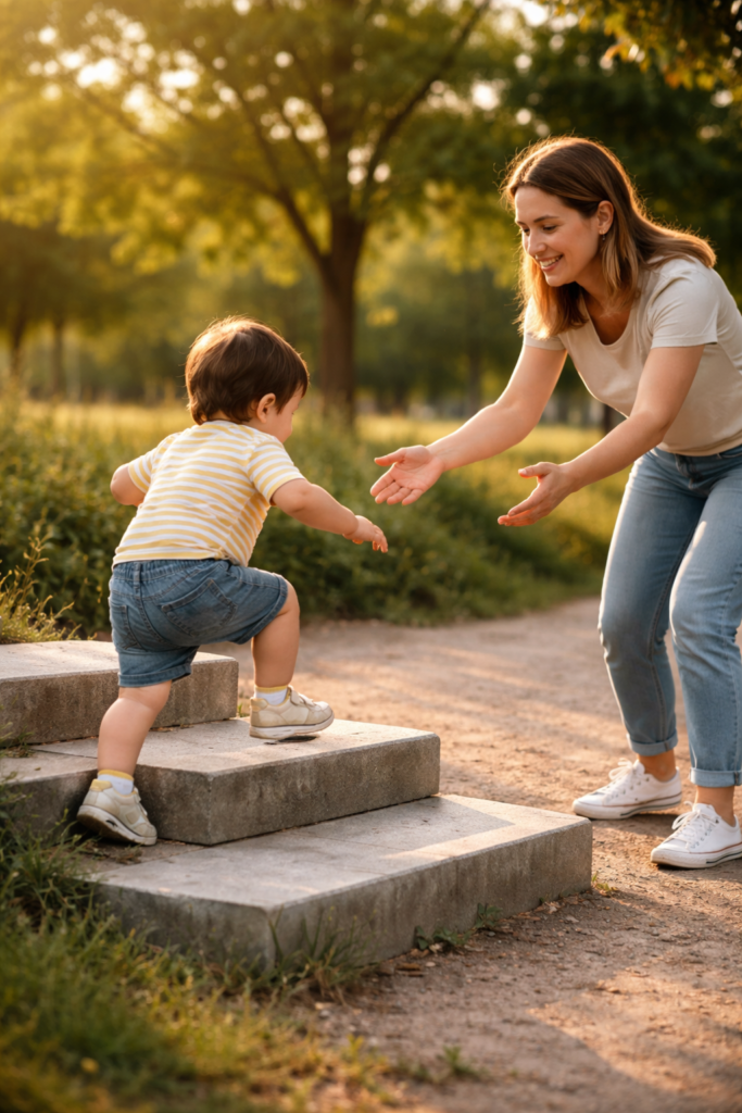 Visual idea: A child climbing small steps while a parent stands nearby with open arms, ready to help but not carrying the child.