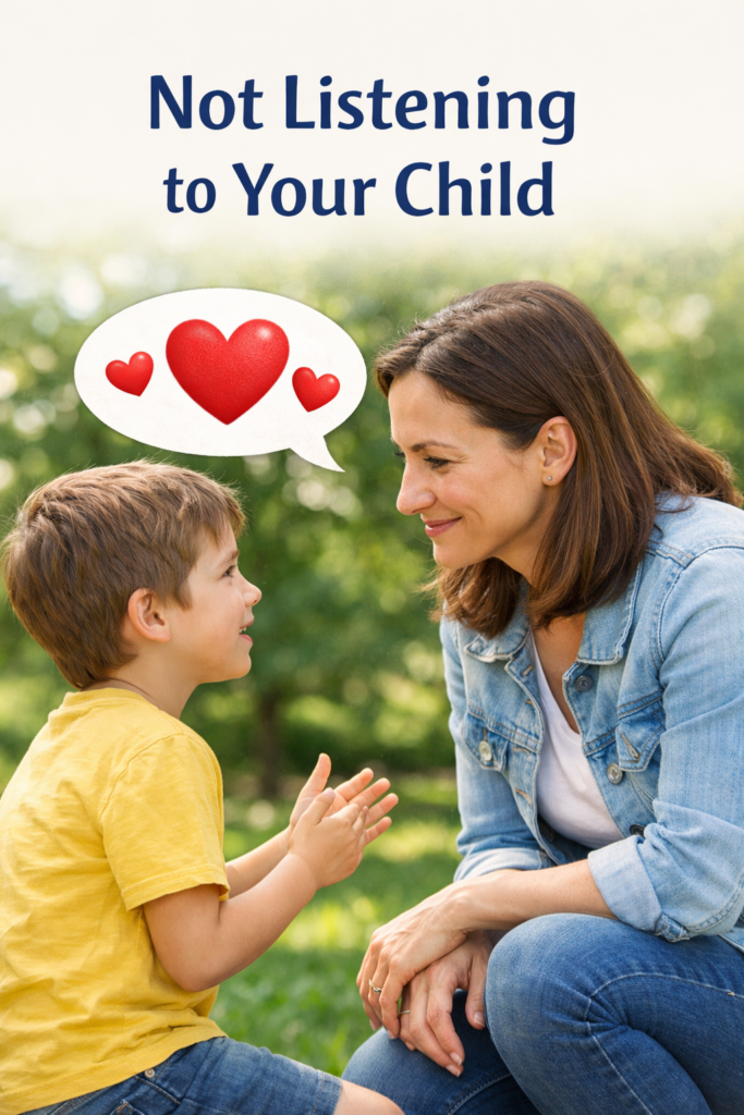 Visual idea: A parent kneeling to a child’s level, listening carefully while the child talks, with a speech bubble showing hearts to represent emotional connection. Parenting Mistakes That Affect Children Emotionally