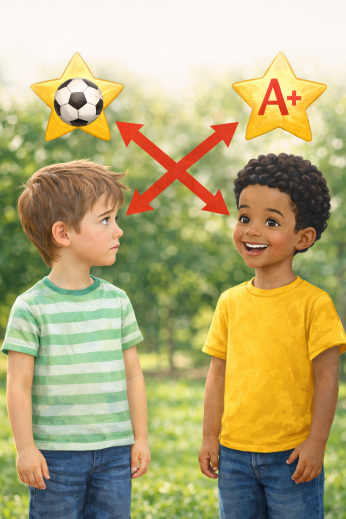 Visual idea: Two children standing side by side with a red “X” over comparison arrows, while each child has a star showing their unique strengths. Parenting Mistakes That Affect Children Emotionally