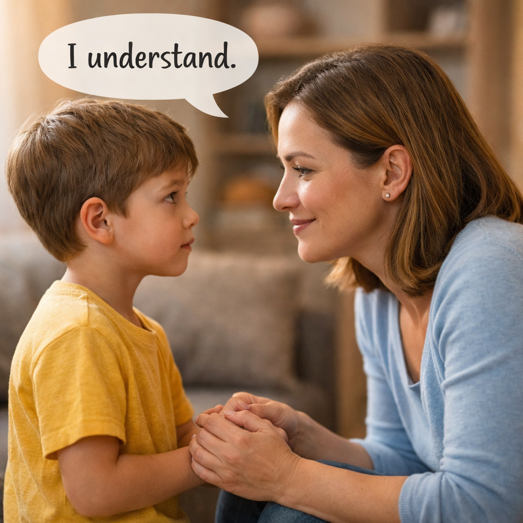 Visual Idea: A parent kneeling to eye level with a child, soft lighting, calm facial expressions, speech bubble saying “I understand.”