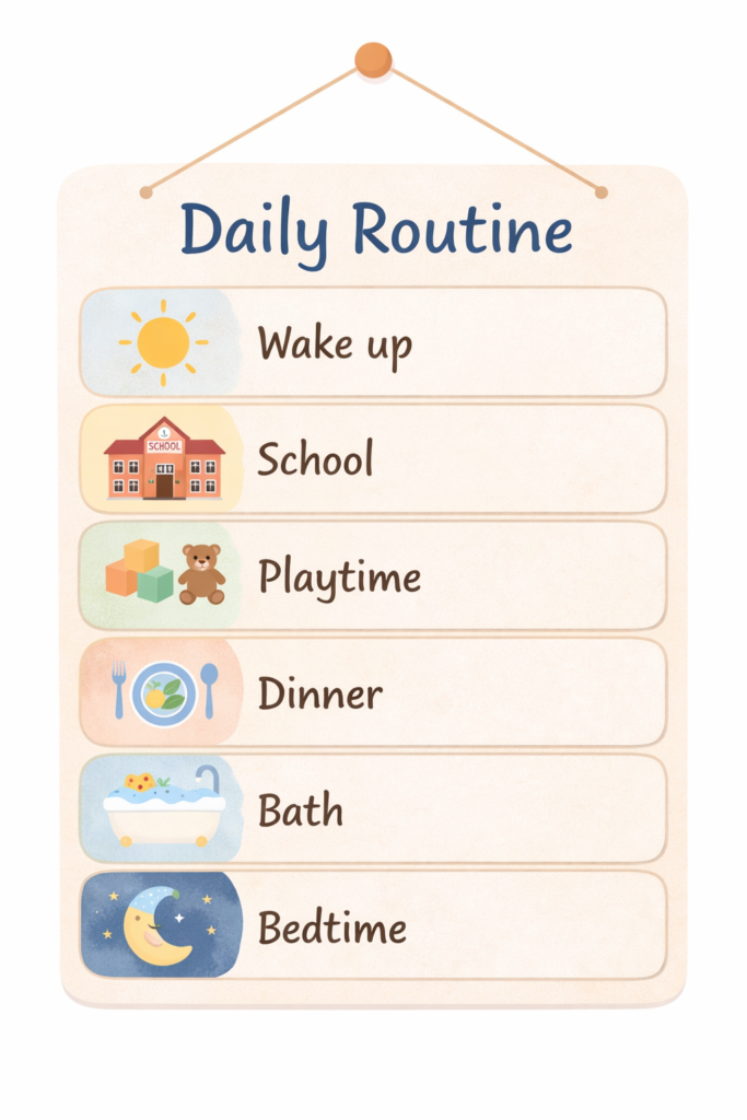 Visual Idea: A soft-colored daily routine chart showing wake-up, school, playtime, dinner, bath, bedtime.