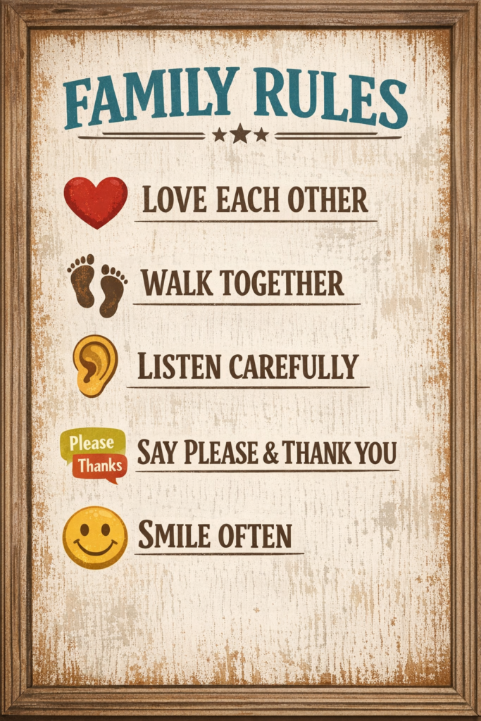 Visual Idea: A “Family Rules” wall poster with 5 simple rules and small icons (heart for kindness, feet for walking, ear for listening).