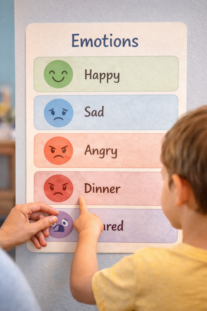 Visual Idea: An emotions chart with happy, sad, angry, scared faces, and a parent helping a child point to one. 10 Parenting Tips That Actually Work