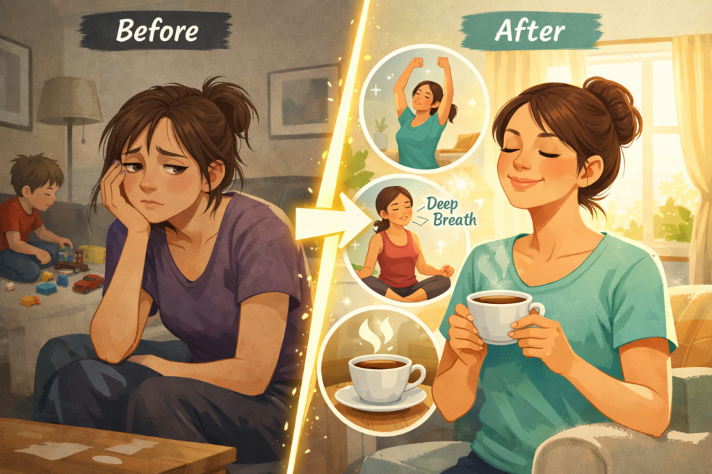Visual Idea: A tired parent transforming into a refreshed parent after simple self-care activities (coffee, stretching, deep breathing).