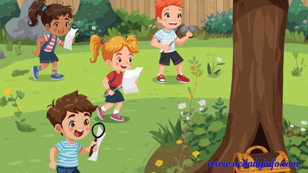 Visual idea: Children looking for clues in a backyard treasure hunt with a small treasure chest at the end.