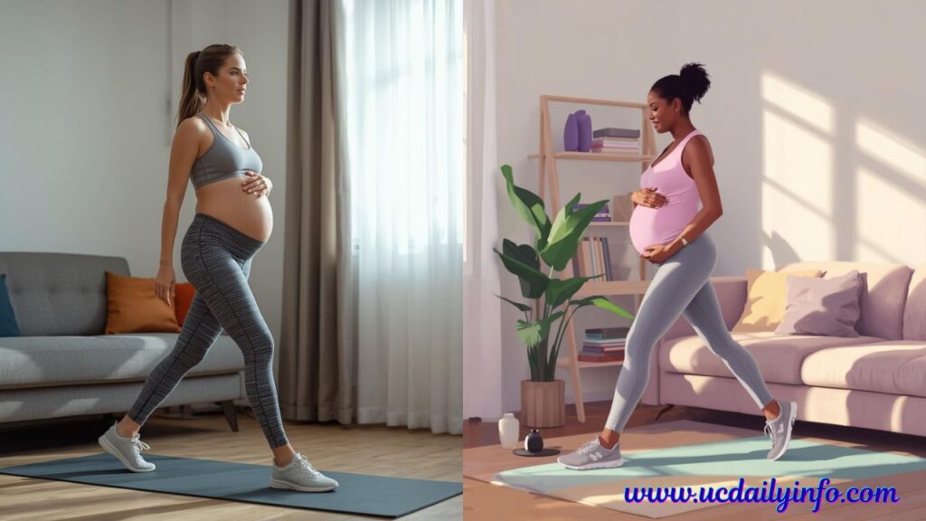 *A pregnant woman walking in place in her living room while wearing comfortable workout clothes.* Safe Exercises for Pregnant Women at Home