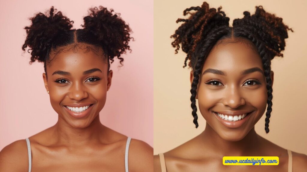 A playful Black woman with locs styled into two space buns, front facing, fun youthful expression, soft pastel or neutral background, bright lighting, trendy aesthetic, high resolution