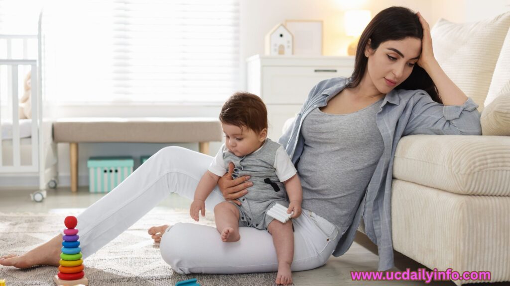 Visual idea: A tired mother sitting on a couch with toys around her, looking overwhelmed but thoughtful, soft natural lighting.