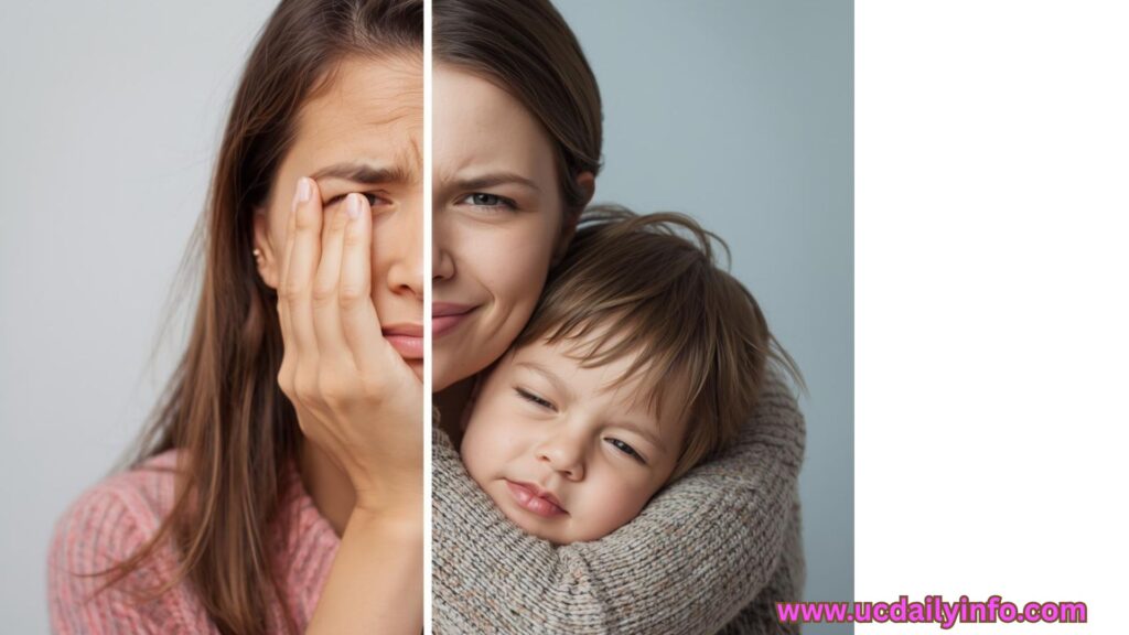 Visual idea: A split image — one side showing a stressed mom snapping, the other showing a calm mom hugging her child.