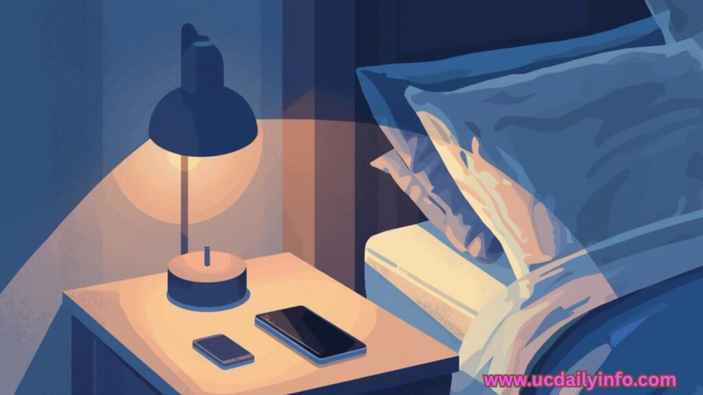 Visual idea: A calm bedtime scene with a dim lamp, phone placed aside, and a peaceful bedroom.