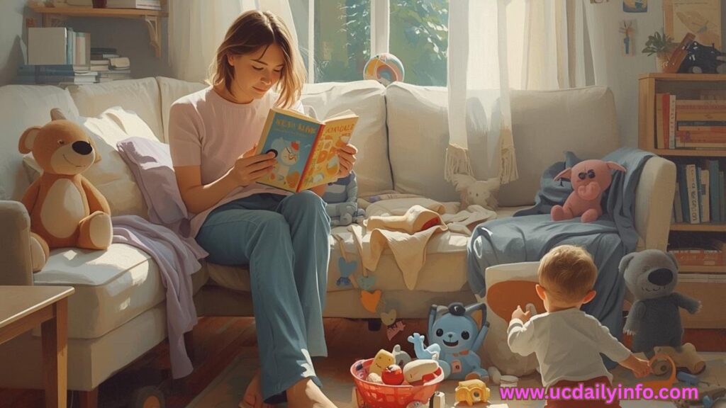 Visual idea: A mother reading a book peacefully while her child plays nearby.