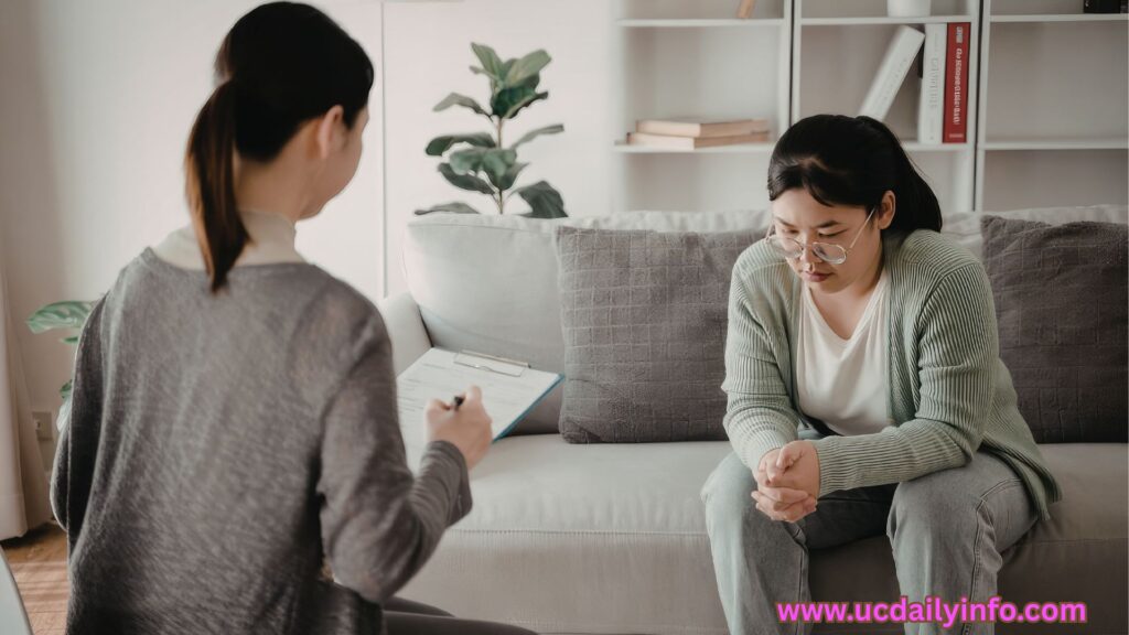 Visual idea: A comforting illustration of a mother talking to a therapist in a cozy room setting.