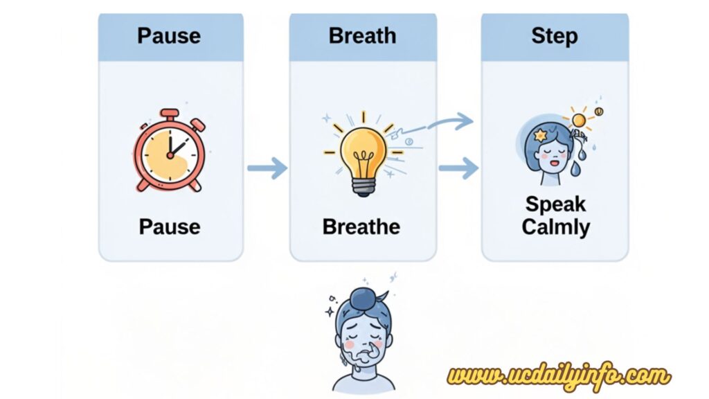 Visual Idea: A simple emotional regulation chart showing: Pause → Breathe → Speak Calmly.