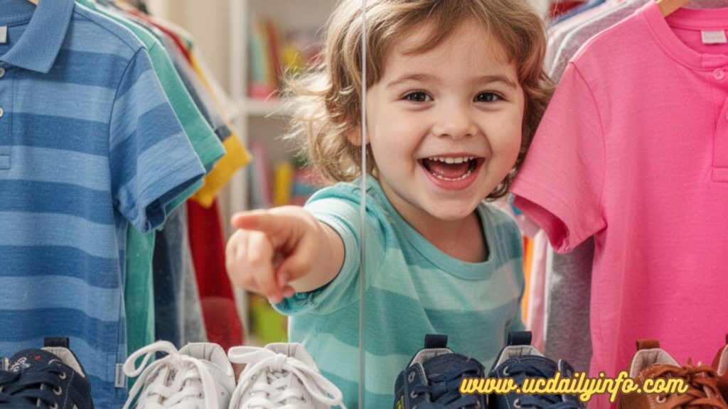 Visual Idea: Two shirts or shoes displayed side-by-side with a child pointing to one happily.